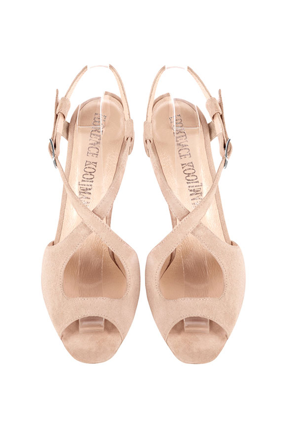 Women's powder pink elegant cross straps sandals. Round toe. High slim heel - Top view